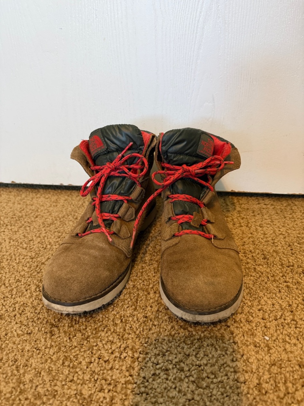 The North Face Brown Suede Hiking Boots with Red Laces and Black Tongue